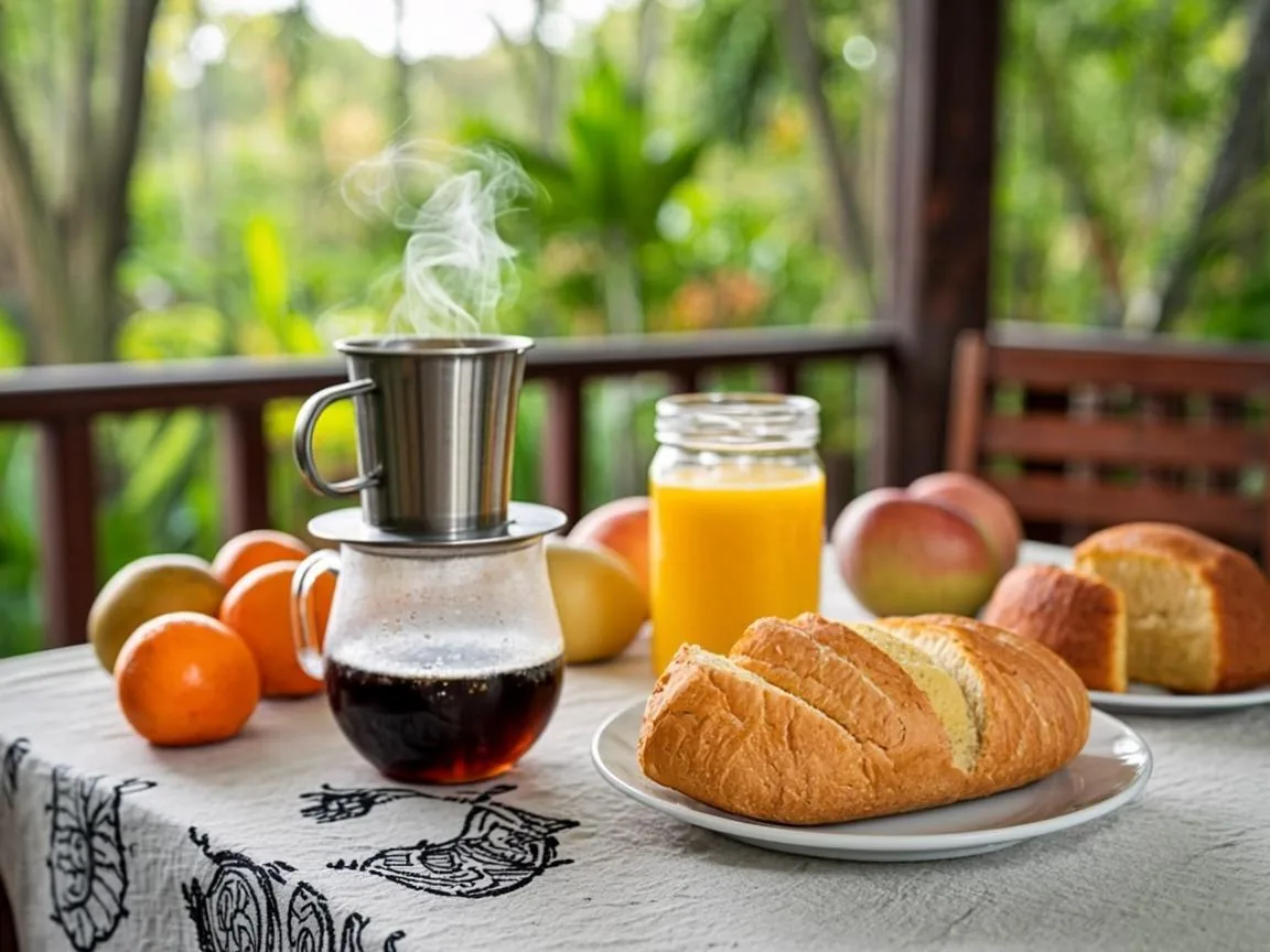 Mesa de café da manhã com pão caseiro, frutas e café coado na varanda