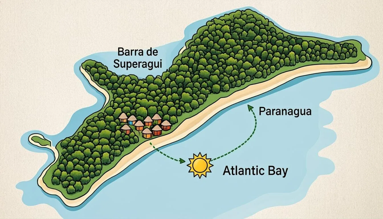 praia da Barra do Superagui na maré baixa, com um barco encostado na areia, o casario da vila ao fundo e o morro coberto de mata